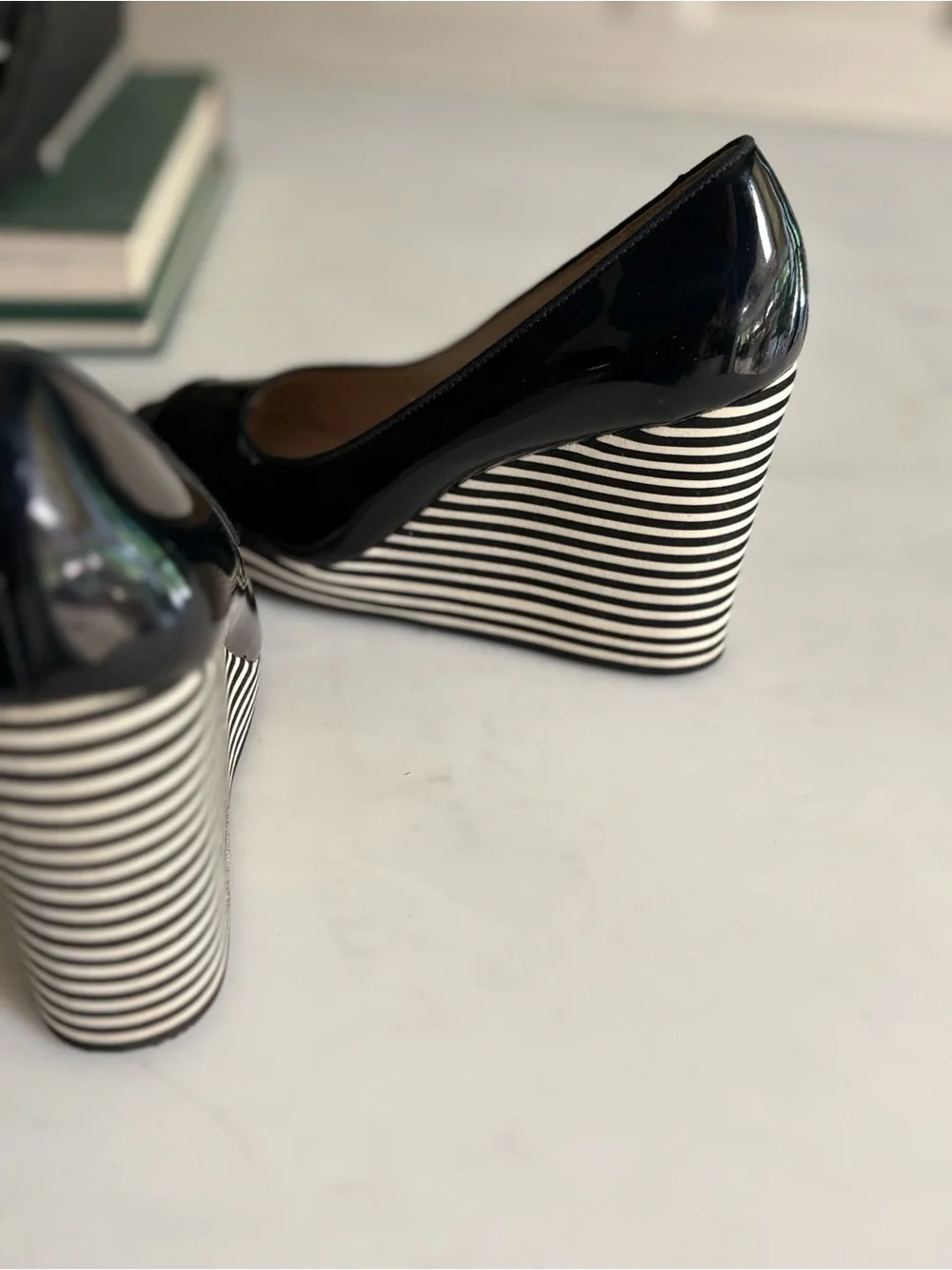 Michael Kors Black Patent Peep-Toe Wedge Sandals with Striped Platform